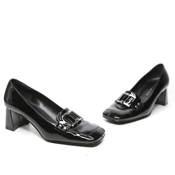 Vintage Bandolino Patent Leather Loafer Pumps Square Toe Chunky Heel Black Gloss - Picture 11 of 11